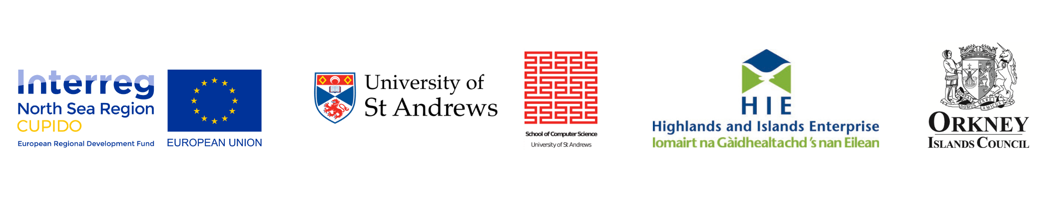 Partner logos - Interreg North Sea Region CUPIDO; University of St Andrews School of Computing Science, Highlands and Islands Enterprise.